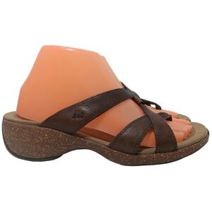 Merrell Brown Leather Slip On Sandals Womens Size 8 Wedge Thong Comfortable Shoe